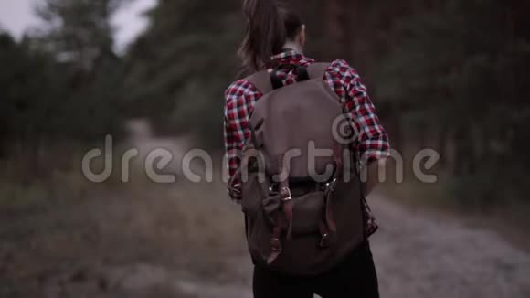 游客徒步旅行者女性在森林中行走的后景视频的预览图