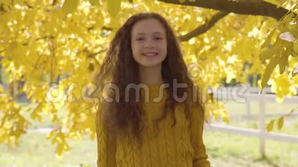 一个可爱的白种人女孩的肖像她留着长长的卷发在黄叶的背景下对着镜头微笑红头发视频的预览图