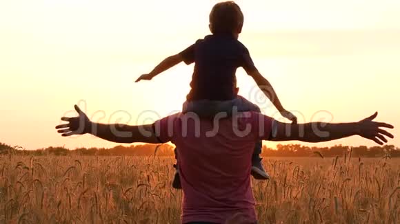父亲抱着儿子肩膀模仿飞机的飞行日落时分幸福家庭的剪影这就是视频的预览图
