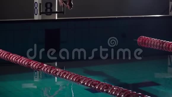 游泳运动员头在游泳池里跳开始游泳比赛夜间射击视频的预览图