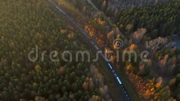 鸟瞰秋季在乡村场景下火车火车在日出时穿过乡村火车视频的预览图
