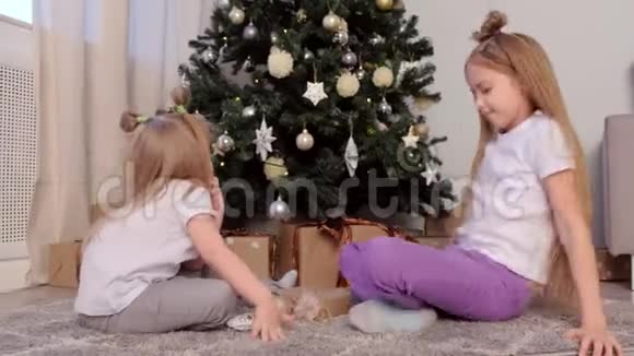 两个姐姐坐在圣诞树附近玩玩具在家里数着它们视频的预览图