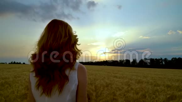 观赏日落时阳光冲破云层的女人的全景视频的预览图