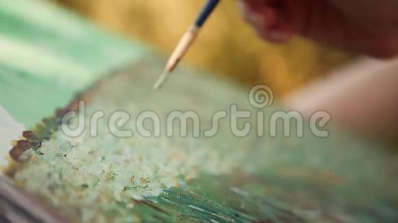 一个女人的手用画笔在画布上以印象主义的风格用小笔画特写镜头概念视频的预览图