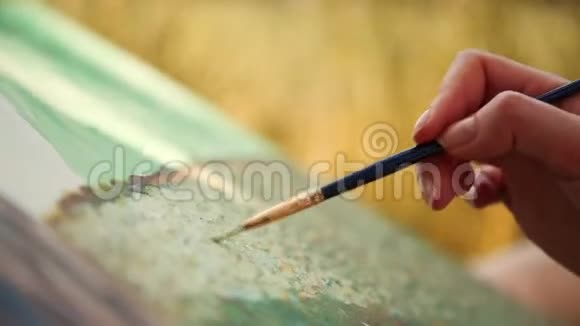一个女人的手用画笔在画布上以印象主义的风格用小笔画特写侧视视频的预览图