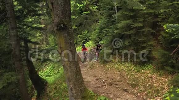 带着背包徒步穿越森林的游客男子携带婴儿徒步旅行视频的预览图