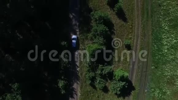 从上面的汽车骑在阴影中无人驾驶的车靠近树林视频的预览图