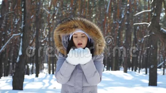 年轻开朗的女孩戴着白色手套从手掌上吹下了雪冬天站着的美女画像视频的预览图