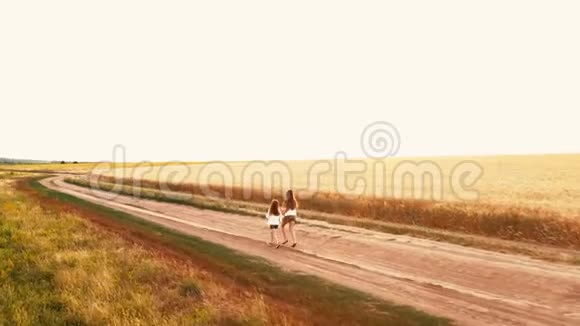 两个小蹒跚学步的孩子在乡间小路上奔跑视频的预览图