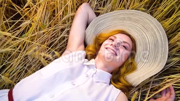 上图为年轻浪漫的红发女人躺在麦田里白日做梦视频的预览图