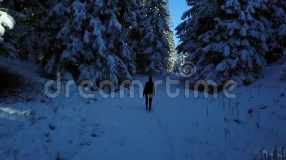 在冬天的森林里年轻的女人在雪地里行走视频的预览图