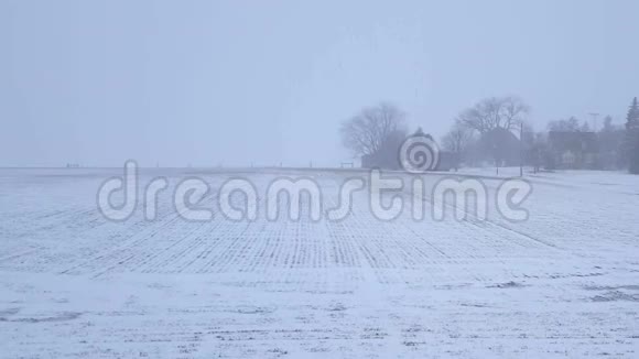 白雪风暴暴雪横跨农村和农场与相机潘农村农田大雪景观视频的预览图