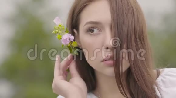 迷人的年轻黑发女孩的肖像拿着粉红色的花靠近她的耳朵看向别处时尚观念联系视频的预览图