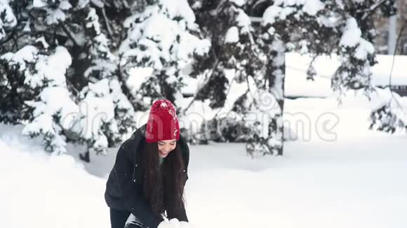 年轻可爱的女孩微笑着玩得开心在冬天的森林和白雪覆盖的树木的背景上扔雪视频的预览图