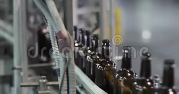 许多干净的玻璃啤酒瓶正沿着输送线快速移动特写视频的预览图