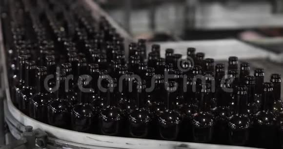 许多干净的玻璃棕色瓶子正沿着工厂的输送线移动视频的预览图