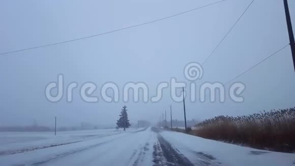 较轻版本在乡村道路上驾驶冬季暴风雪司机视角POV雪雪暴雪视频的预览图