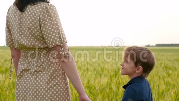 一个可爱的孩子牵着妈妈的手体验情感快乐幸福男孩对他母亲微笑一个女人视频的预览图
