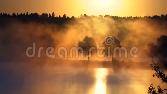湖面或河流上的橙色日出日出时的晨雾阳光透过晨雾的橙色光芒视频的预览图
