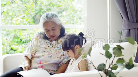 老奶奶和小孙女在沙发上看书视频的预览图