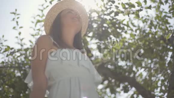可爱的年轻女子戴着草帽穿着白色连衣裙摘苹果把柳条篮子放进绿色的花园里视频的预览图