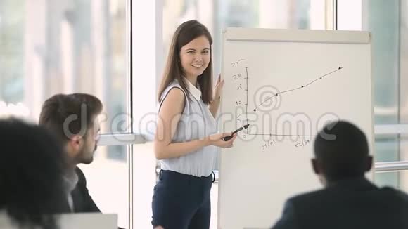 积极的女性商业教练教公司员工使用白板视频的预览图