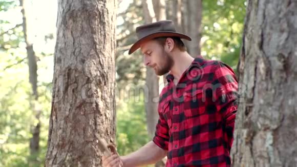 英俊的年轻人拿着斧头靠近森林伐木工人用斧头在夏天的森林里伐木工人拿着斧头视频的预览图