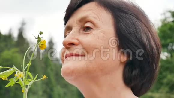 一位年长的女士手持黄花在山上度假散步时的特写镜头视频的预览图