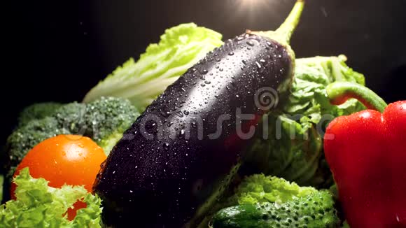 慢动作视频水滴落在茄子生菜叶西红柿和胡椒粉上视频的预览图