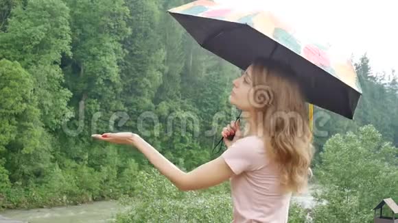 迷人的年轻女子带着雨伞在春雨的绿色森林背景下女孩穿着粉红色的裙子视频的预览图