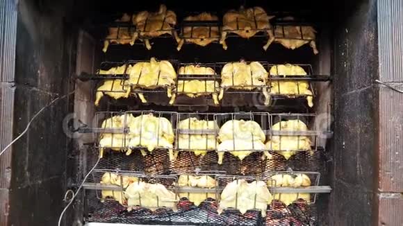 烤架上的烧烤鸡把烤肉放在柴火上视频的预览图