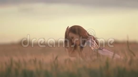 带着旧滑翔机设备的微笑女孩沿着田野散步视频的预览图