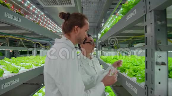 两位科学家一男一女穿着白大褂把植物样本放在试管中以便找出视频的预览图