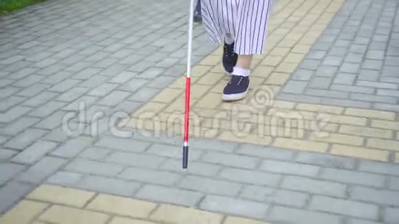 年轻迷人的穆斯林妇女视障者在公园里用手杖扶着视频的预览图