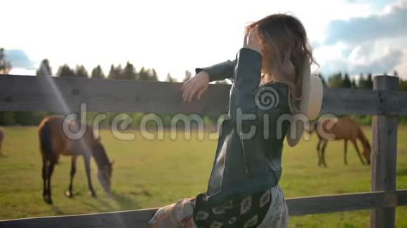 优雅的女性在农场牧马附近休息视频的预览图