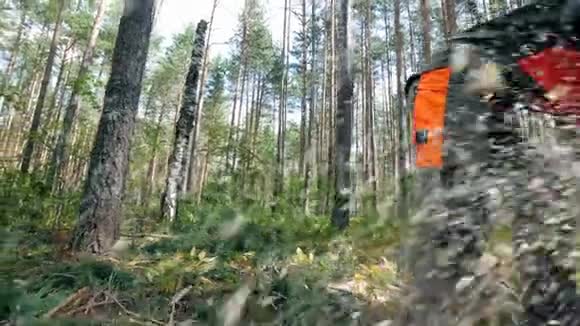 穿制服的工人用电锯砍树干视频的预览图
