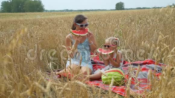 女人和女儿在野外野餐视频的预览图