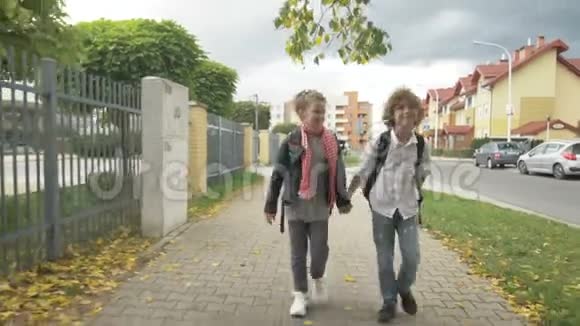 带背包的孩子从学校回来微笑着少年男孩牵着女孩的手在公园户外散步视频的预览图