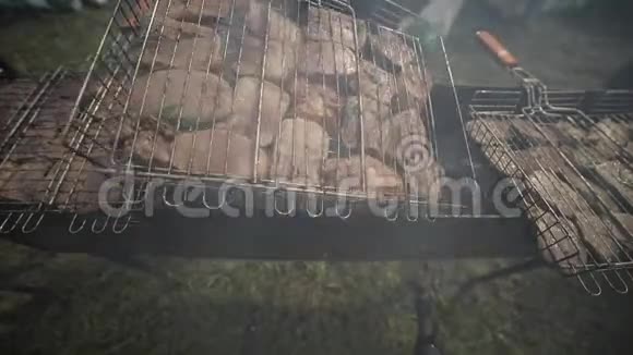 男主厨炒菜开胃鲜肉安静烧烤烹饪户外野餐视频的预览图