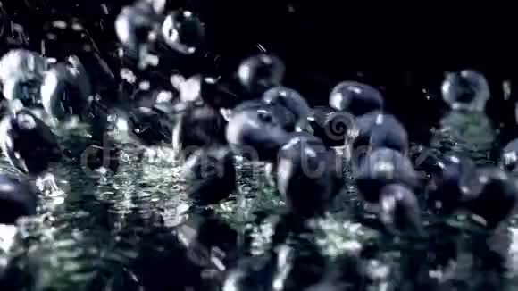 缓慢运动的宏观画面蓝莓落在潮湿的黑色表面有机食品的完美抽象背景视频的预览图