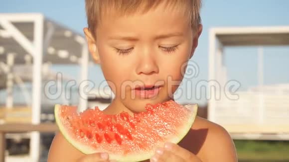 可爱的男孩在度假的海滩上吃成熟的新鲜西瓜视频的预览图