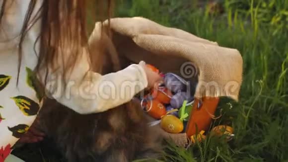女孩和草地上的复活节兔子一起收集彩蛋把它们放进篮子里视频的预览图