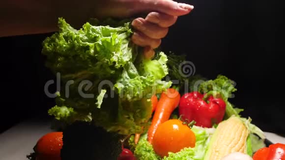 女厨师清洗后摇动湿生菜叶的慢动作视频健康营养和有机的概念视频的预览图