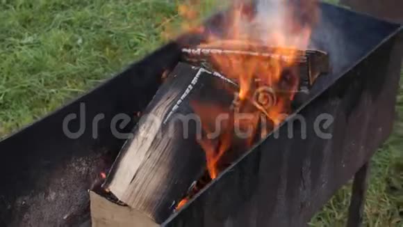 近景壁炉柴火和煤周围红光火焰4k镜头视频的预览图
