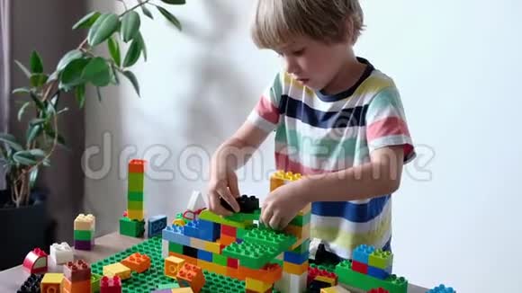 可爱的男孩4岁在家里的桌子上玩五颜六色的塑料玩具砖视频的预览图