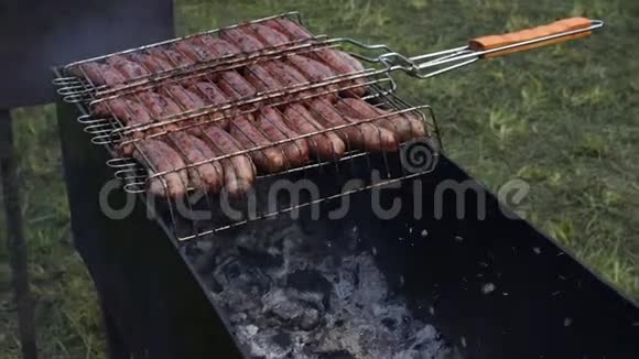 利用户外4k网式画面在煤火焰上的烧烤现场特写烹制鲜肉视频的预览图