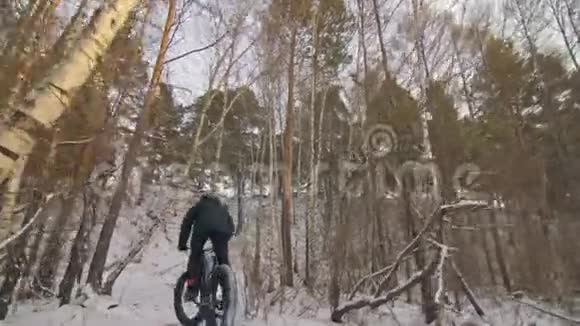 专业的极限运动运动员骑胖自行车在户外风格下坡冬天骑自行车在雪地里视频的预览图