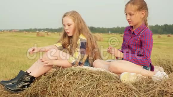 穿着格子衬衫坐在田里的干草堆上严肃的十几岁女孩视频的预览图