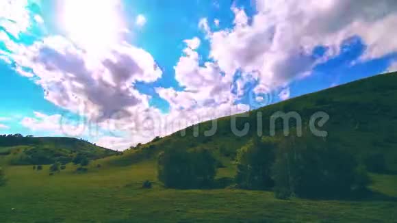 山地草甸时间夏季流逝云树绿草和太阳光的运动视频的预览图