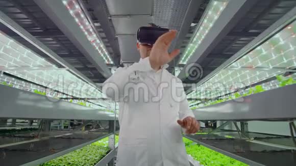 穿着白大褂的男科学家站在垂直农业的走廊上戴着水培眼镜视频的预览图